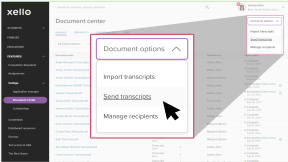 Document center page in Xello. The "Document options" dropdown is open and the cursor is selecting "Send transcripts"